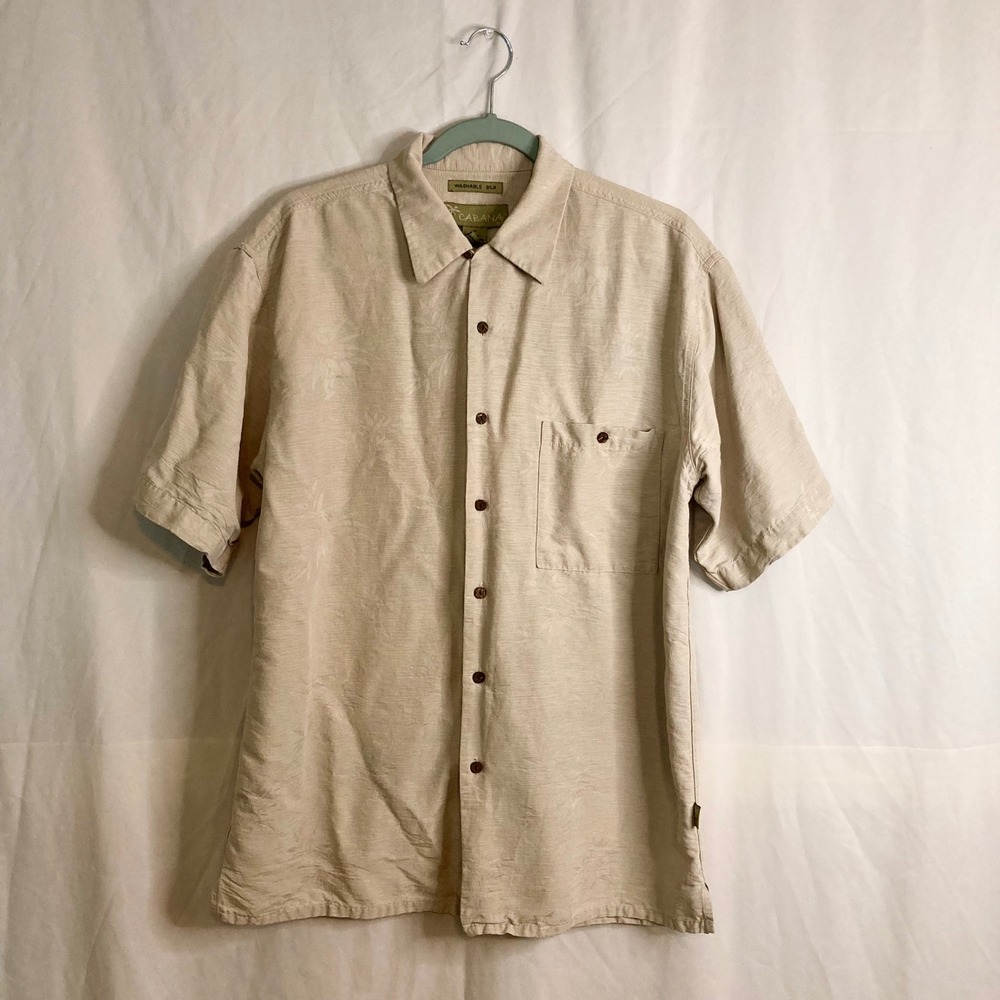 VTG Cabana 100% Washable Silk Beige Jacquard Floral Aloha Shirt M Tropical Y2K